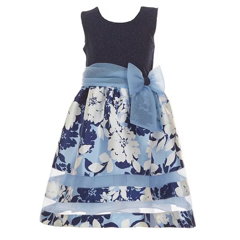 Little Girls Sleeveless Sparkle-Knit/Floral-Mikado Skirted Fit & Flare Dress 6t